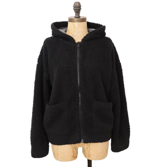 SPLENDID Brandy Fuzzy Fleece Sherpa Jacket XS Oversized Full Zip Black Hooded A2 - Picture 2 of 6